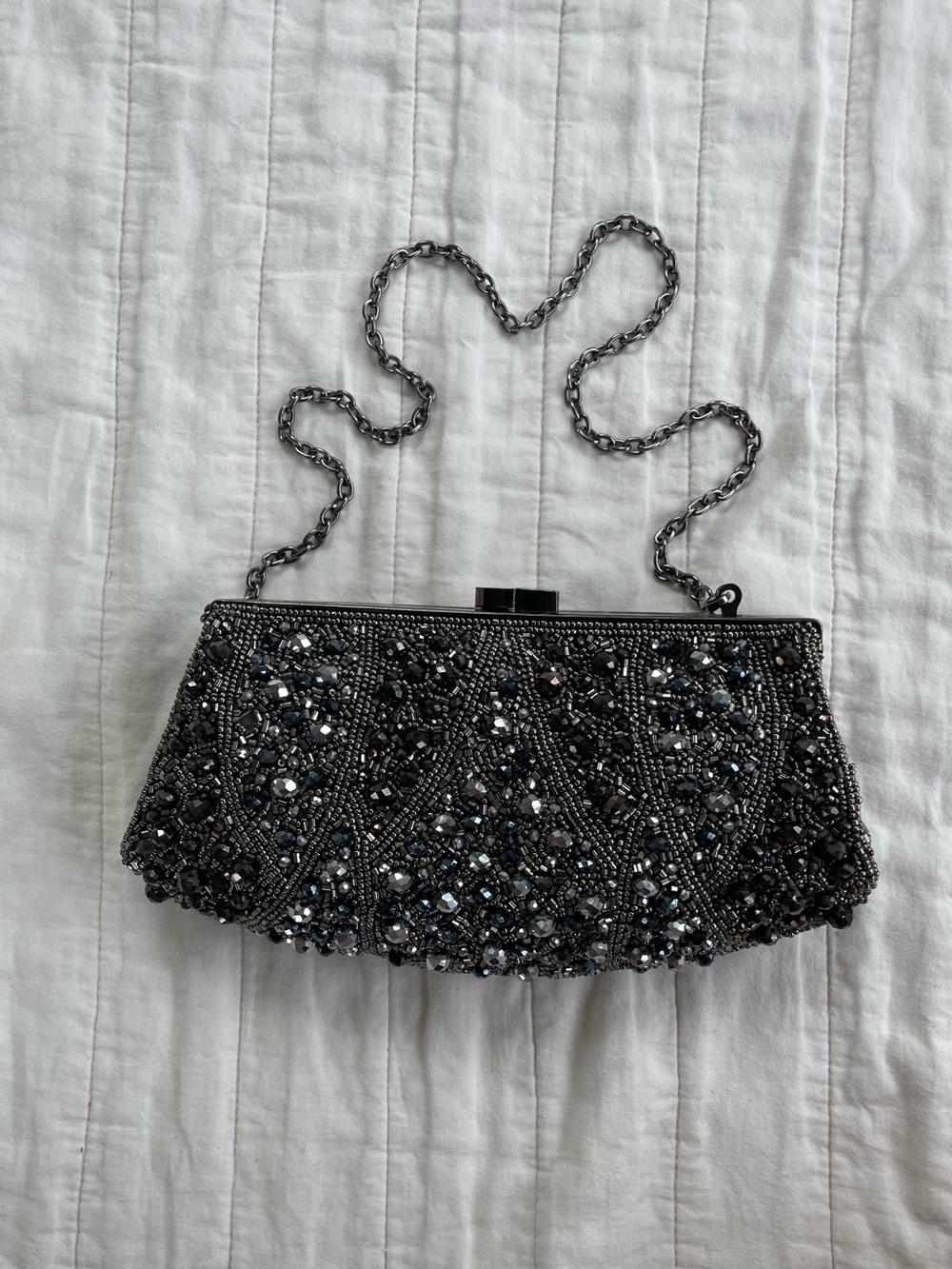 Glint Hand-Beaded Hematite Evening Clutch Purse – Excellent Condition